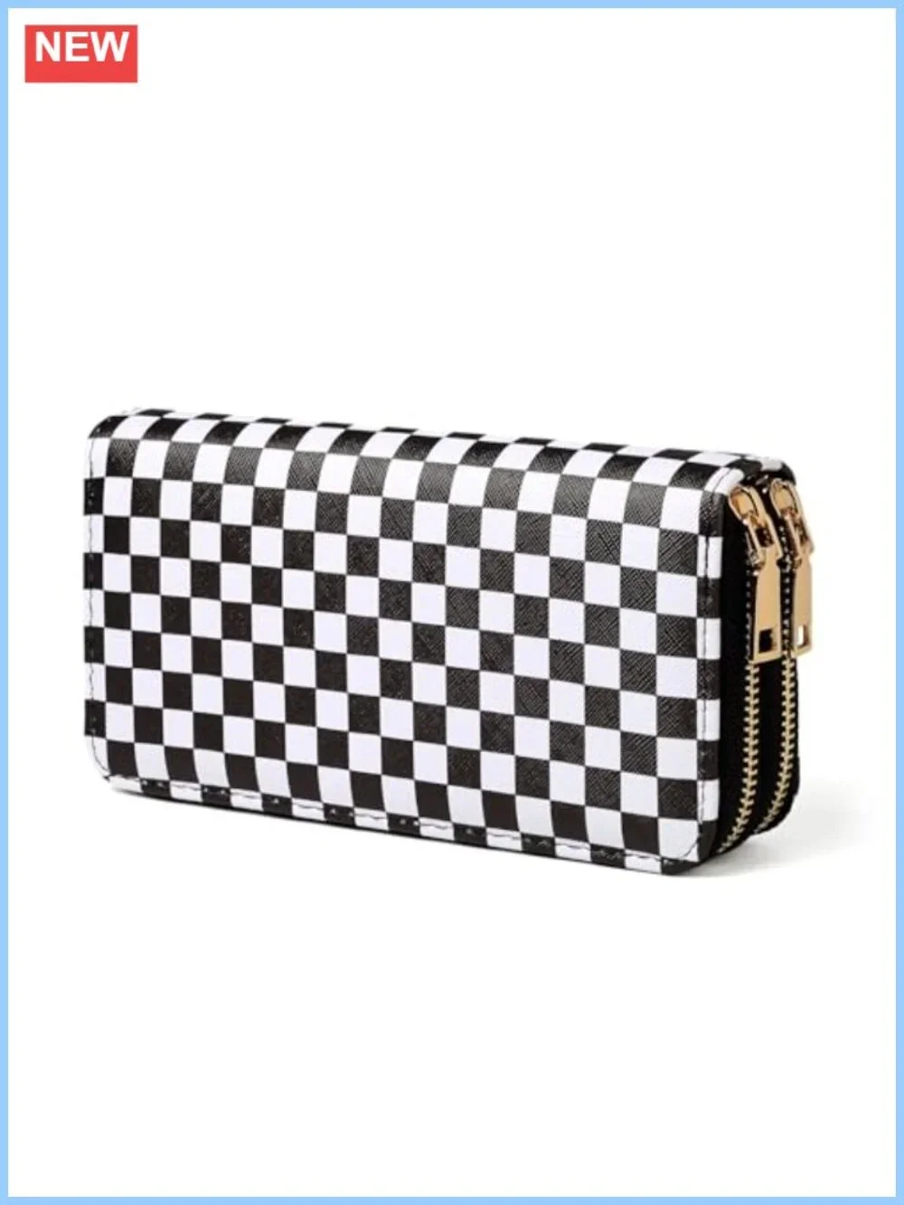 PU Leather Checkered Wallets for Women Double Zipper Large Capacity